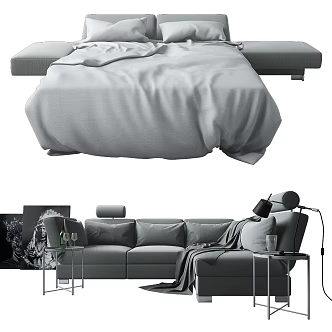 Modern Casual Sofa and Bed Combination Modern Sofa Casual Sofa Bed Double Bed Home Furniture Pillow Blanket Wine Glass Wine 3d model