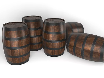 Four Brown Wooden Barrels With Black Metal Stripes Arranged In Studio 3d model