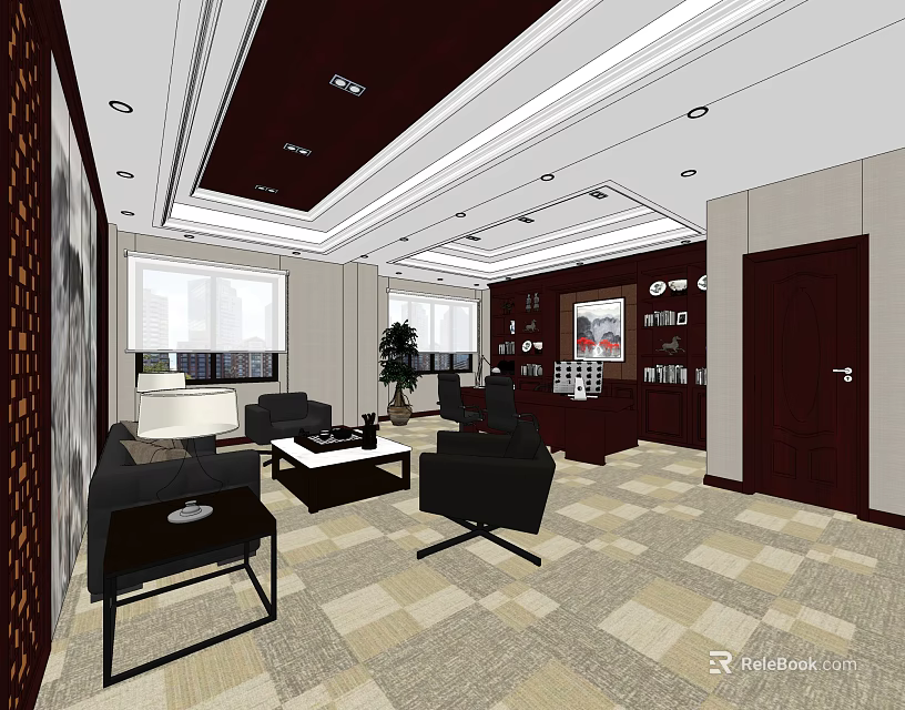 Modern Office Interior Space With Sofa Desk Windows And Decorative Paintings 3d model
