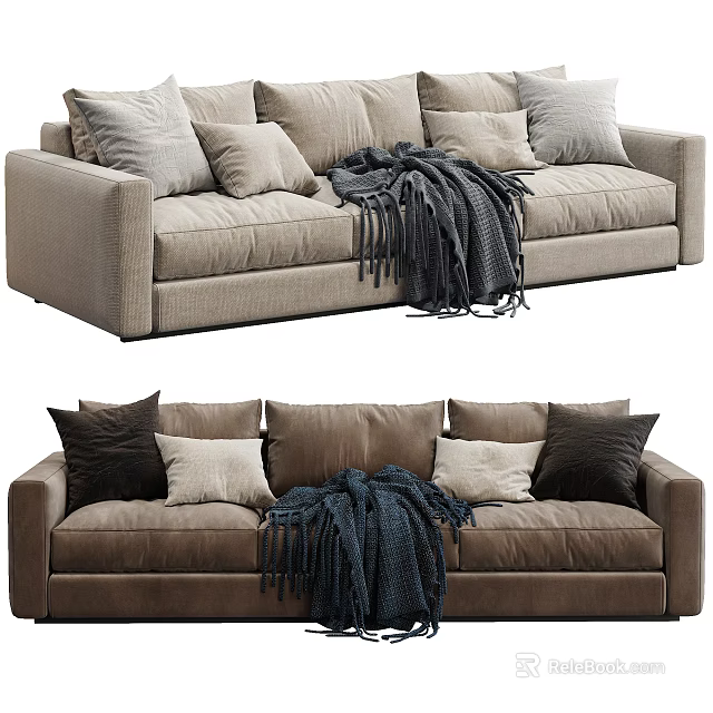 Comfortable Three-Seater Sofa with Throw Pillows and Cozy Blanket in Light Beige and Dark Brown 3d model 