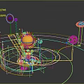 Golden Sun Model With Orbiting Blue And Red Spheres Mechanical Frames And Yellow Lines