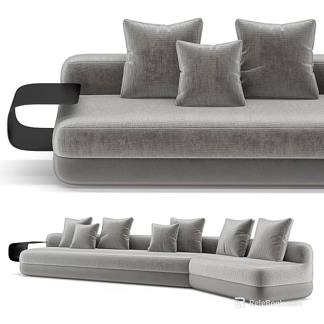 Modern Gray Velvet Sectional Sofa With Multiple Cushions And Black Armrests 3d model 