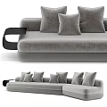 Modern Gray Velvet Sectional Sofa With Multiple Cushions And Black Armrests