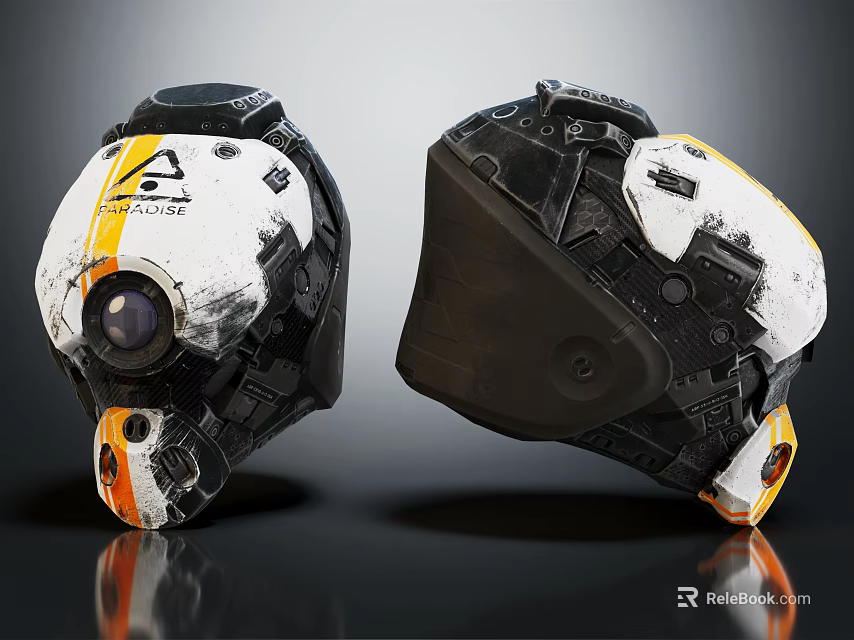 Futuristic Helmet Design Featuring Mechanical Details White Orange Color And Dual View 3d model 