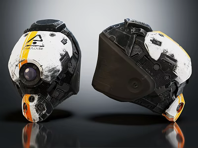 Futuristic Helmet Design Featuring Mechanical Details White Orange Color And Dual View 3d model