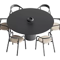 Round Black Dining Table Set With Six Curved Backrest Chairs And Light Seats 3d model