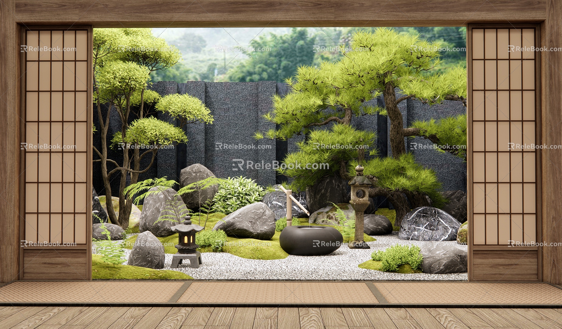 Japanese-style Courtyard Landscape Stone Stone Set Stone Plant Landscape Pine Pohan Pine Landscape Tree 3d model