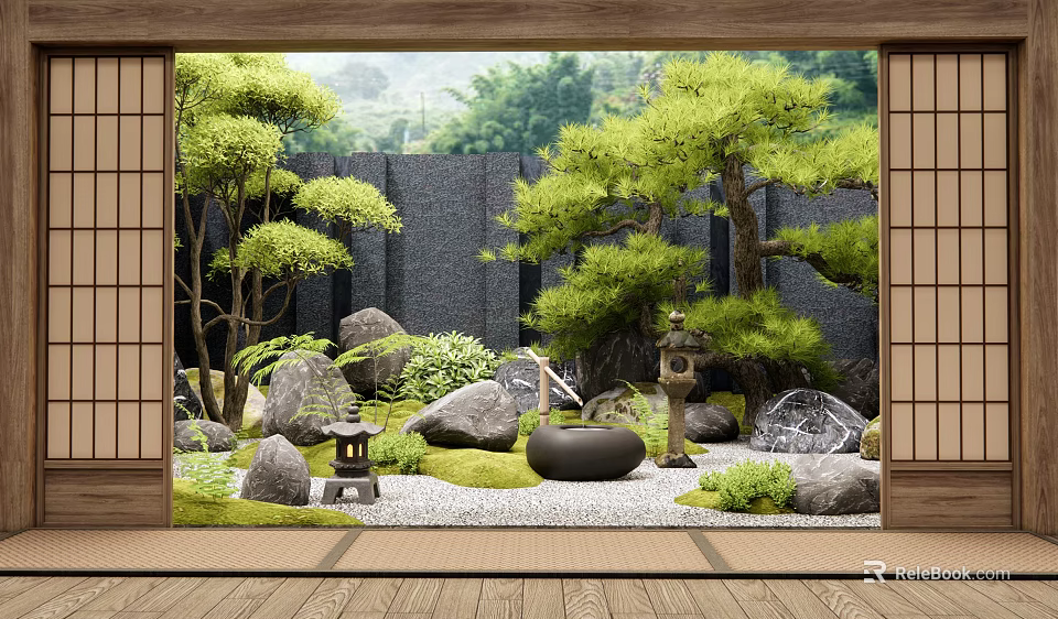 Japanese Style Courtyard Garden With Pine Trees Rocks Stone Lanterns And Water Basin 3d model 