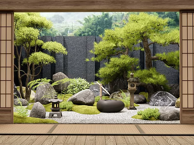 Japanese Style Courtyard Garden With Pine Trees Rocks Stone Lanterns And Water Basin 3d model