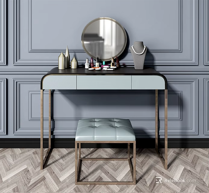 Modern Dressing Table with Round Mirror Cosmetics and Stool on Paneled Gray Wall 3d model