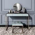 Modern Dressing Table with Round Mirror Cosmetics and Stool on Paneled Gray Wall 3d model