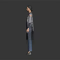 Woman In Long Gray And Dark Purple Coat With Black Top Blue Jeans And Heels