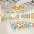 Vibrant Preschool Music Classroom With Colorful Cube Seats Music Note Decorations And Blue Pendant Lights