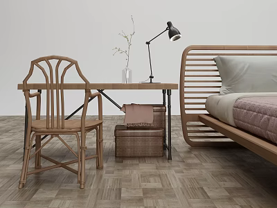 Natural Style Wooden Desk With Rattan Chair Table Lamp Pink Bag Vase And Wicker Basket 3d model