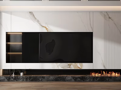 Modern TV Background Wall Design With Marble Texture LED Lighting And Decorative Shelf 3d model