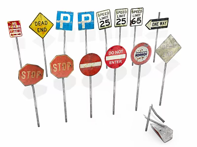 Various Road Traffic Signs Collection With Stop Dead End Parking Speed Limit And One Way 3d model