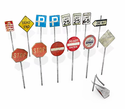 Various Road Traffic Signs Collection With Stop Dead End Parking Speed Limit And One Way 3d model