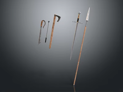 Ancient Weapons Collection Featuring Swords Axes and Spears with Wooden Handles 3d model