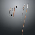 Ancient Weapons Collection Featuring Swords Axes and Spears with Wooden Handles