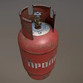 Red Propane Gas Cylinder With Weathered Surface And Russian Text Inscription