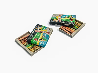 Colorful Colored Pencils in Two Open Illustrated Boxes with Vibrant Designs 3d model