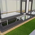 Modern Residential Building Balcony With Large Glass Windows Wooden Flooring Lawn And Mountain View