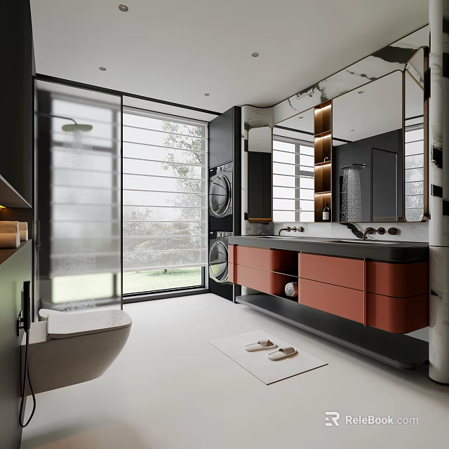 Modern Bathroom Interior Design With Shower Enclosure Double Vanity Washer Large Mirror And Wooden Cabinet 3d model 