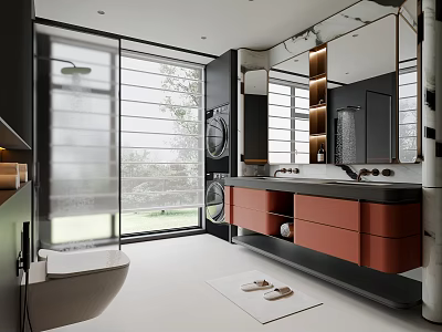 Modern Bathroom Interior Design With Shower Enclosure Double Vanity Washer Large Mirror And Wooden Cabinet 3d model