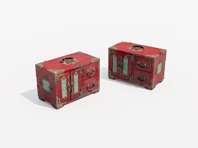 Vintage Red Traditional Carved Wooden Cabinets With Ornate Details And Drawers 3d model