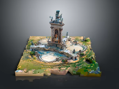 Ornate European Architecture Fountain with Sculptures Steps and Green Water Pool 3d model
