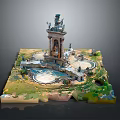 Ornate European Architecture Fountain with Sculptures Steps and Green Water Pool