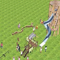 Outdoor Playground With Wooden Slide Tower Green Grass Trees And People Playing