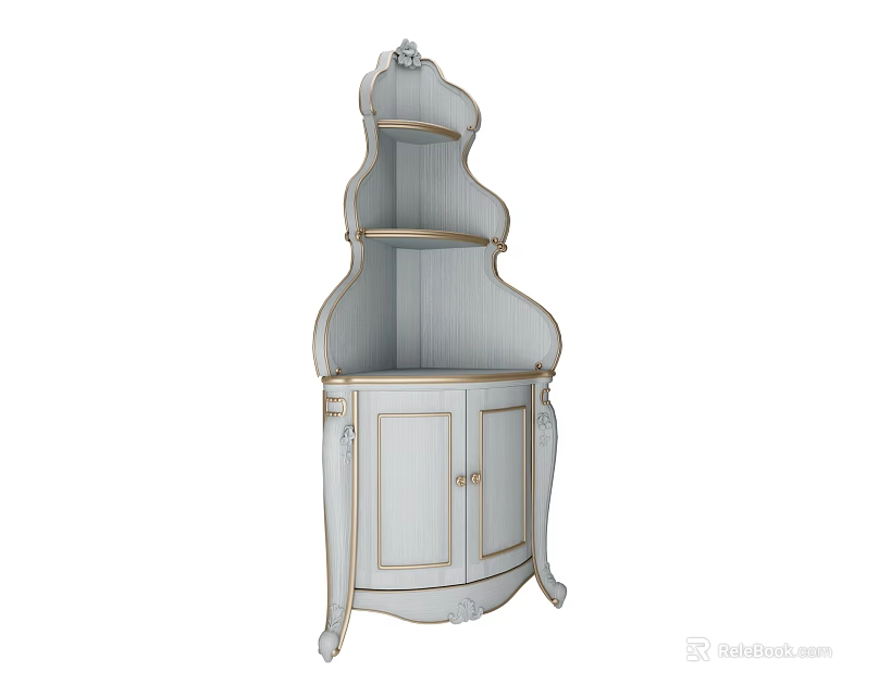 Elegant White Decorative Cabinet With Gold Trim Open Shelves And Curved Design 3d model 