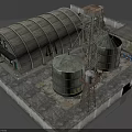 Industrial Factory Building with Arched Roof Metal Silos and Tower Structure on Concrete Ground