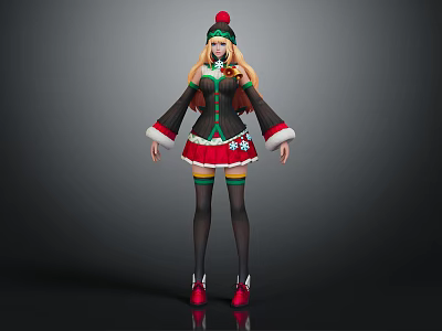 Festive Female Character In Christmas Outfit With Snowman Figure And Green Stockings 3d model