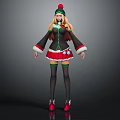 Festive Female Character In Christmas Outfit With Snowman Figure And Green Stockings