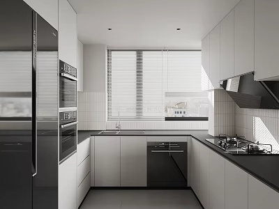 Modern Kitchen Interior Design With White Cabinets Black Countertops Window Blinds And Appliances 3d model