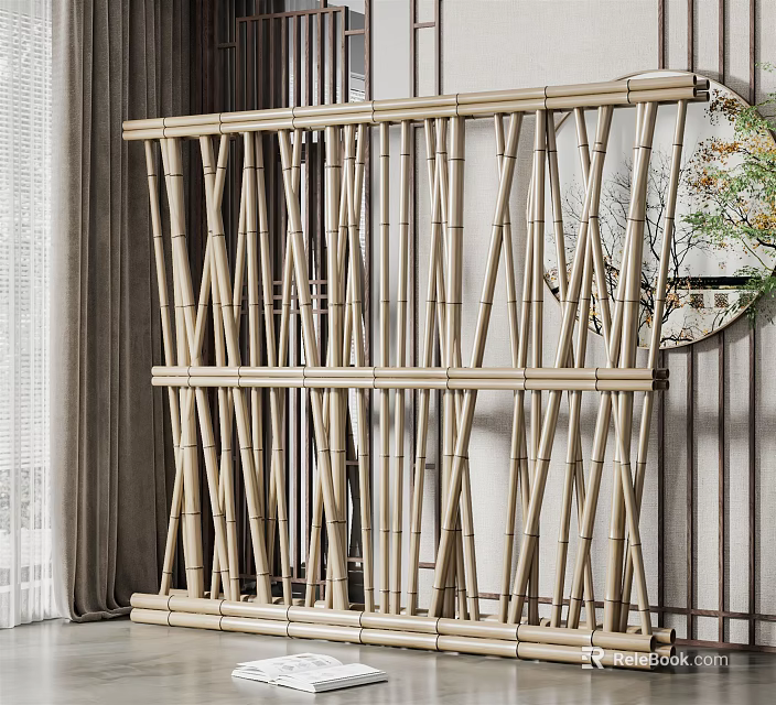 Bamboo Partition with Slatted Geometric Design in Modern Interior Space and Decorative Elements 3d model
