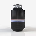 Black Garbage Disposal Kitchen Appliance With Silver Top And Red Blue White Stripes