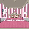 Pink Striped Bedroom With Canopy Double Bed Nightstand Lamp And Decorative Frames