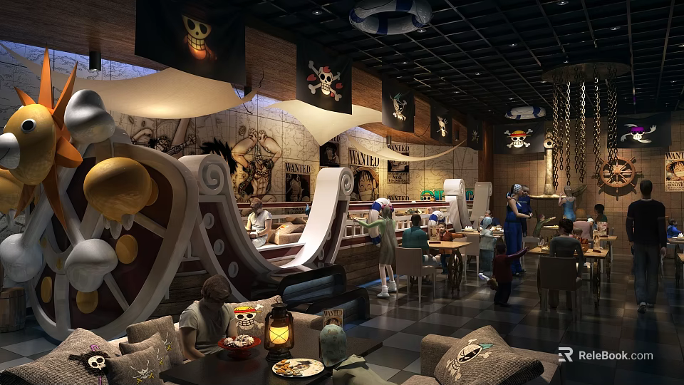 Pirate Themed Bar Interior With Mural Decorations Flag Banners And People Enjoying Drinks 3d model 