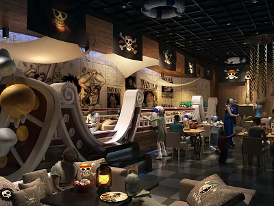Pirate Themed Bar Interior With Mural Decorations Flag Banners And People Enjoying Drinks 3d model