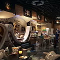 Pirate Themed Bar Interior With Mural Decorations Flag Banners And People Enjoying Drinks