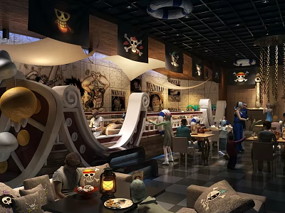 Pirate Themed Bar Interior With Mural Decorations Flag Banners And People Enjoying Drinks 3d model