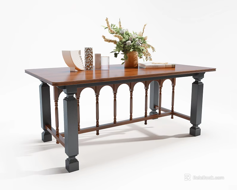 Wooden Dining Table With Arched Black Legs And Decorative Vase Flower Bouquet 3d model 