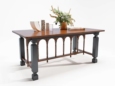Wooden Dining Table With Arched Black Legs And Decorative Vase Flower Bouquet 3d model