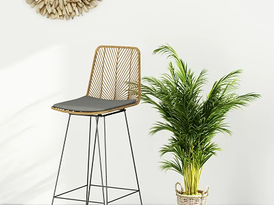 Modern Rattan Bar Stool with Metal Legs Gray Cushion and Green Plant Indoor 3d model