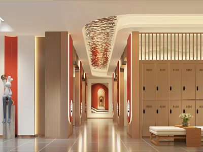 Modern SPA Sauna Interior With Wooden Lockers Resting Bench And Warm Lighting 3d model
