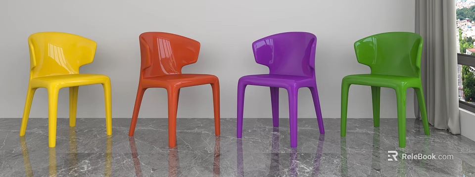 Minimalist Single Chair With Curved Backrest Vibrant Orange Purple Green Plastic On Marble Floor 3d model 