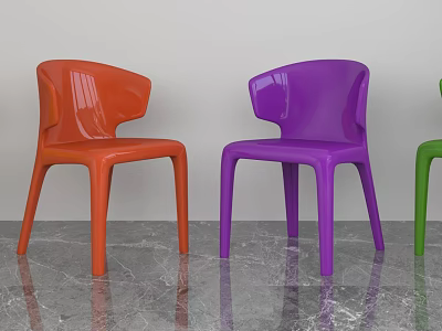 Minimalist Single Chair With Curved Backrest Vibrant Orange Purple Green Plastic On Marble Floor 3d model